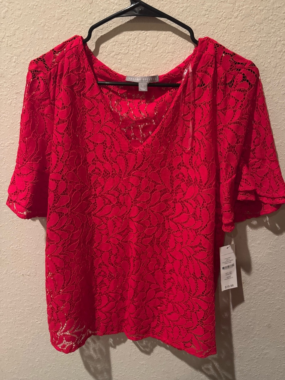 Valerie Stevens Bright Red Lace V-Neck Short Sleeve Blouse